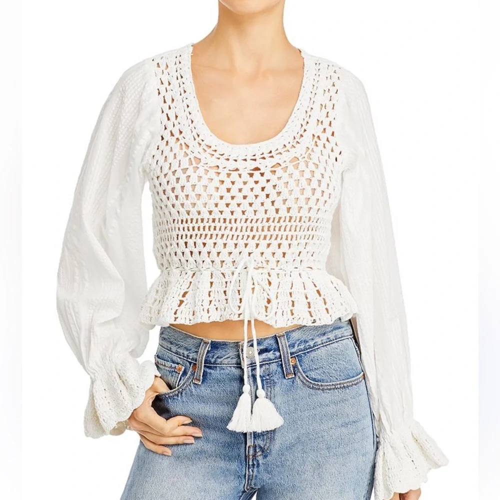 NWT Free People $128 Megan Crochet Knit Open Back Key Hole Blouse Ivory Small